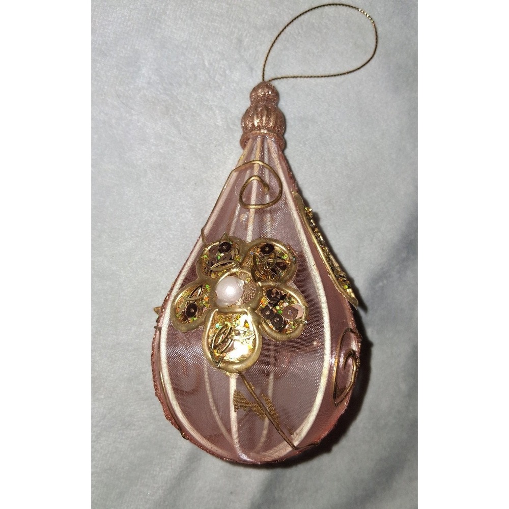 Pink Organza Teardrop Christmas Ornament Gold Sequin Floral Pearl 6"
